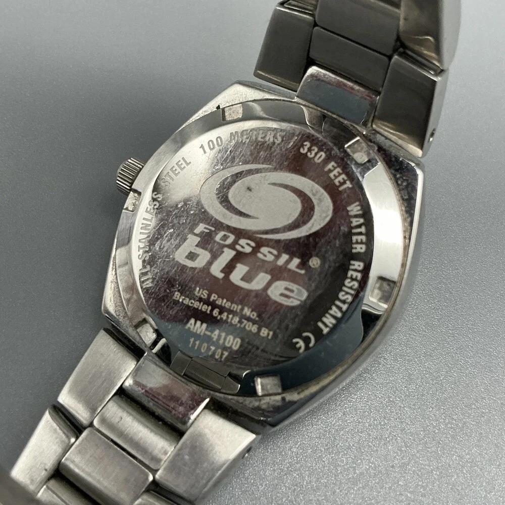 Fossil Blue Womens Watch 28mm Red Dial Stainless Date AM-4100 New Battery 6.75